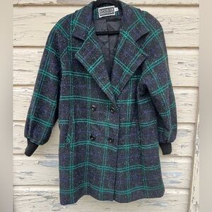 Vintage 80s 1980s Spencer Douglas Windowpane Plaid Double-Breasted Wool Peacoat
